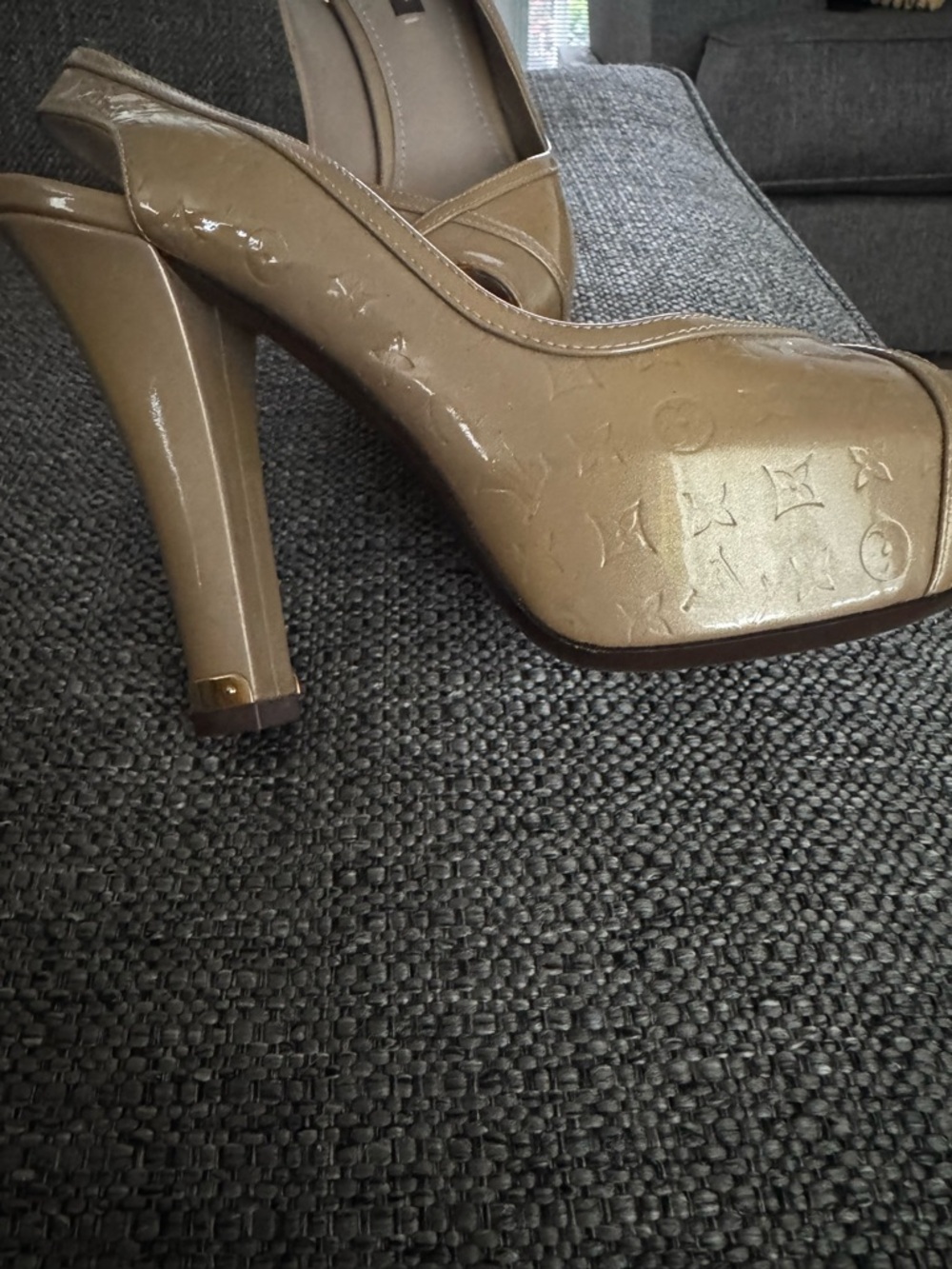 Louis Vuitton Patent Platform Peep-Toe Heels in Nude Beige